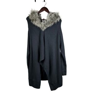 Dennis Basso Knit Cardigan Women's L Black Faux Fur Collar